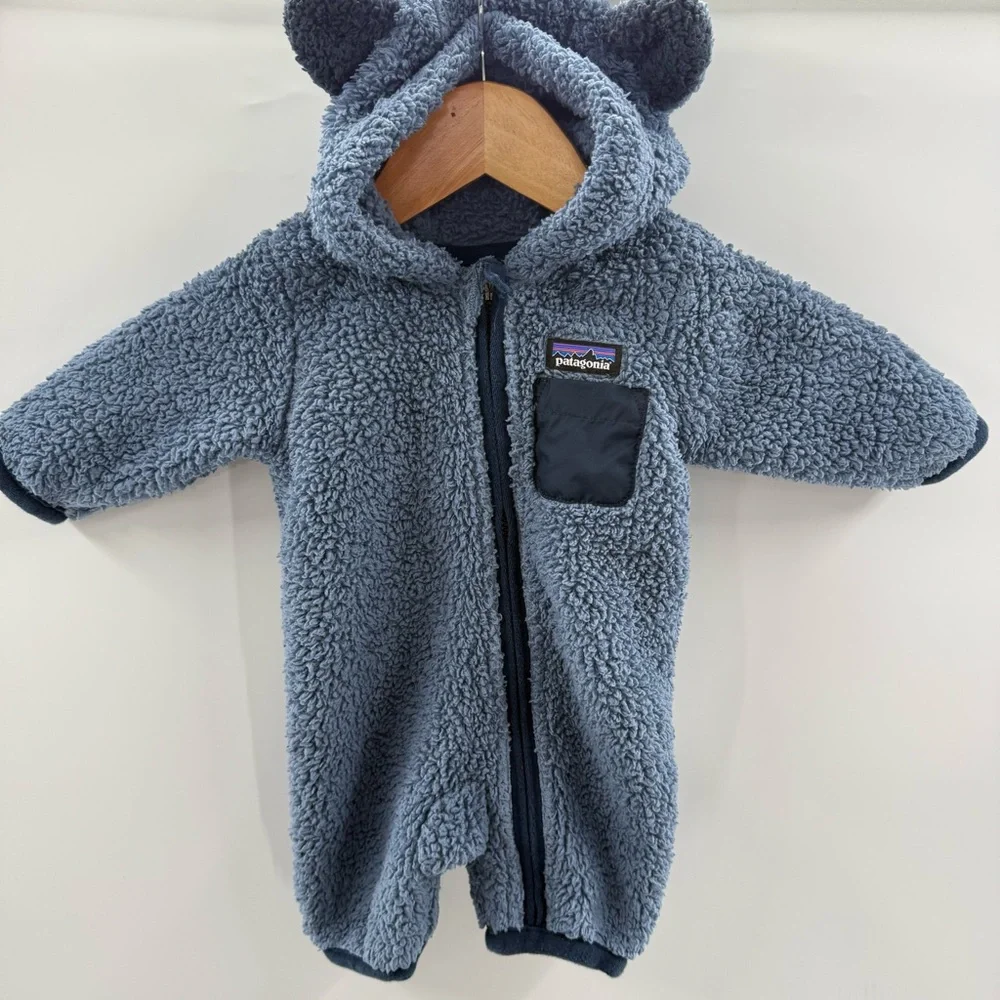 Patagonia Infant Furry Friends Bunting Zip Up Hooded Blue Two Tone Baby Newborn - Picture 1 of 9